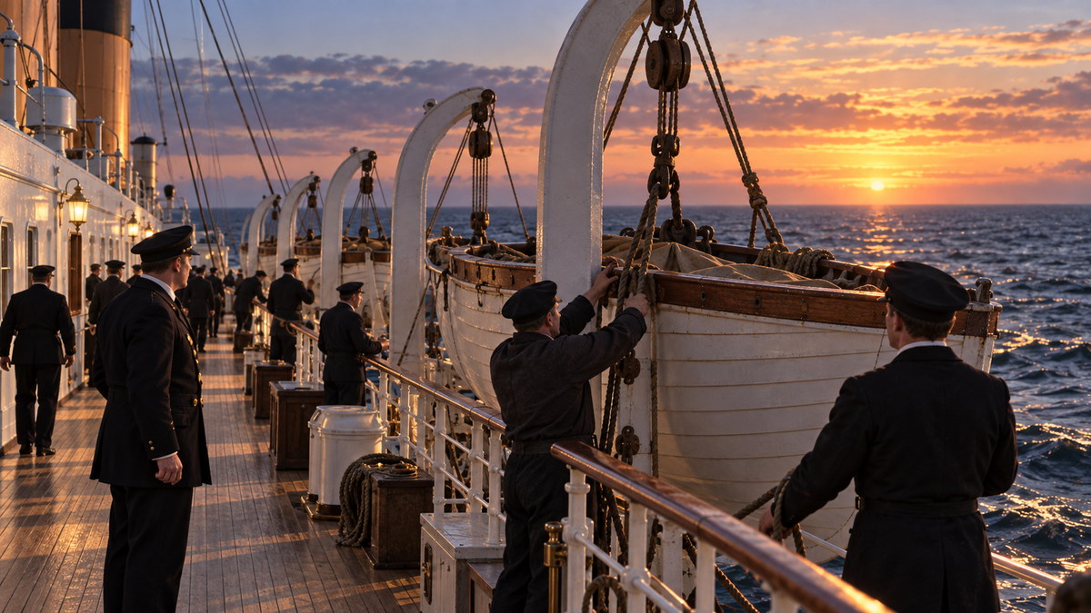 Artistic reconstruction of RMS Titanic’s boat deck with wooden lifeboats in davits and crew members at sea.