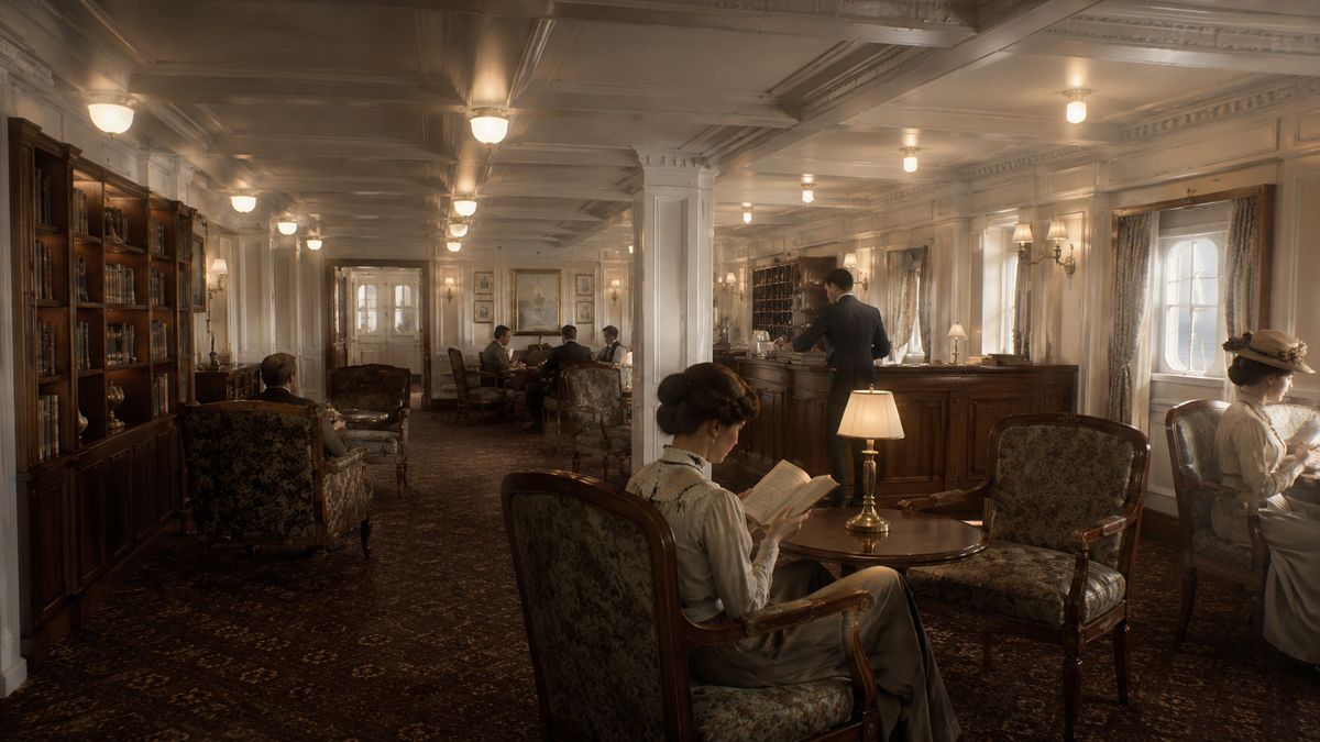 Artistic reconstruction of an Edwardian second-class reading room inspired by RMS Titanic’s passenger interiors.