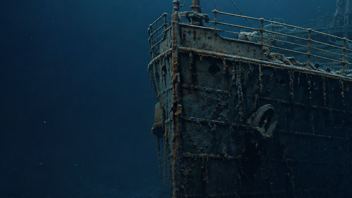 Artistic reconstruction of the corroded bow section of RMS Titanic resting on the North Atlantic seabed.
